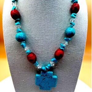 Turquoise Howlite & Red Beaded Necklace With Cross Pendant.  N37